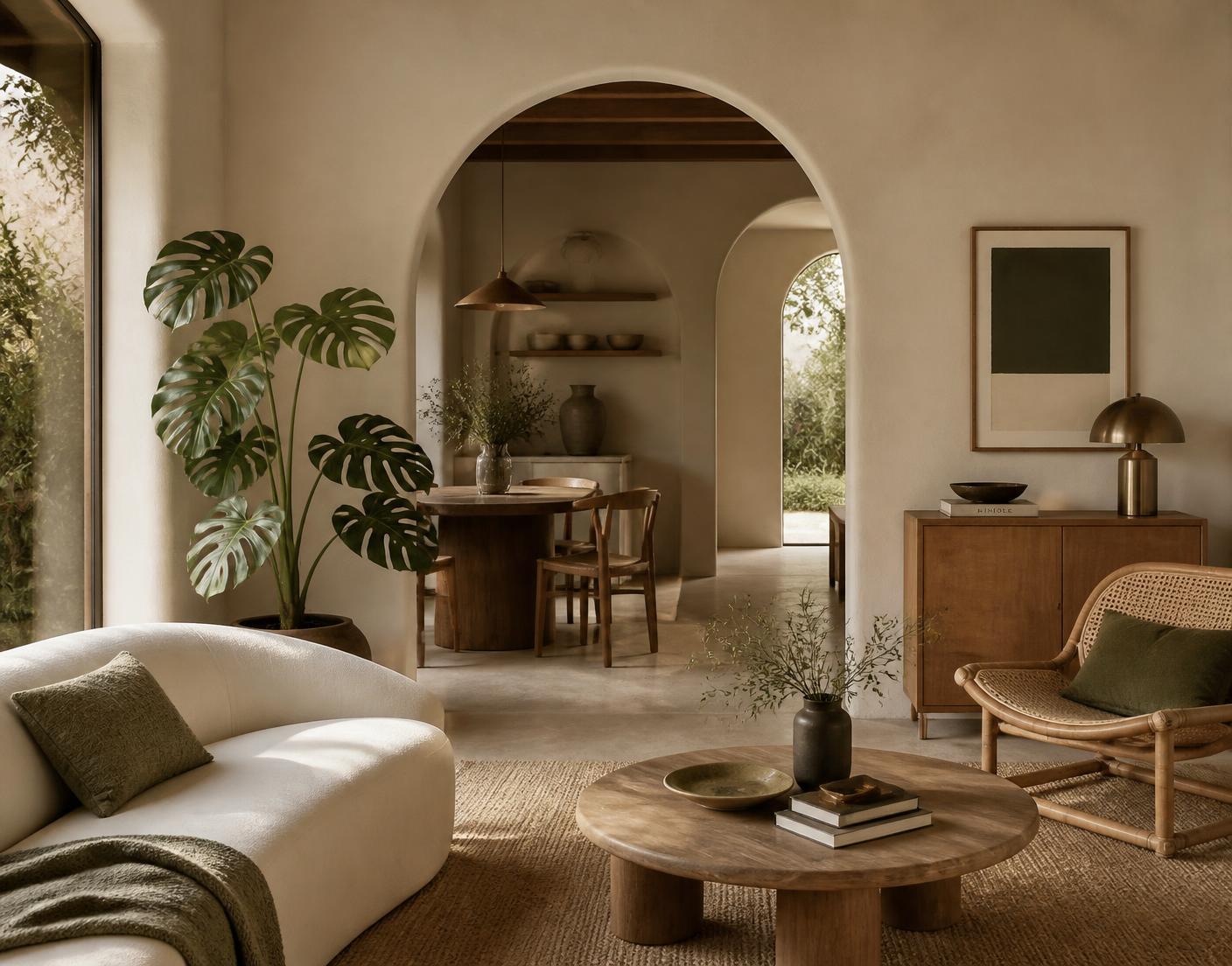 Interior orgánico con arcos, madera y vegetación
