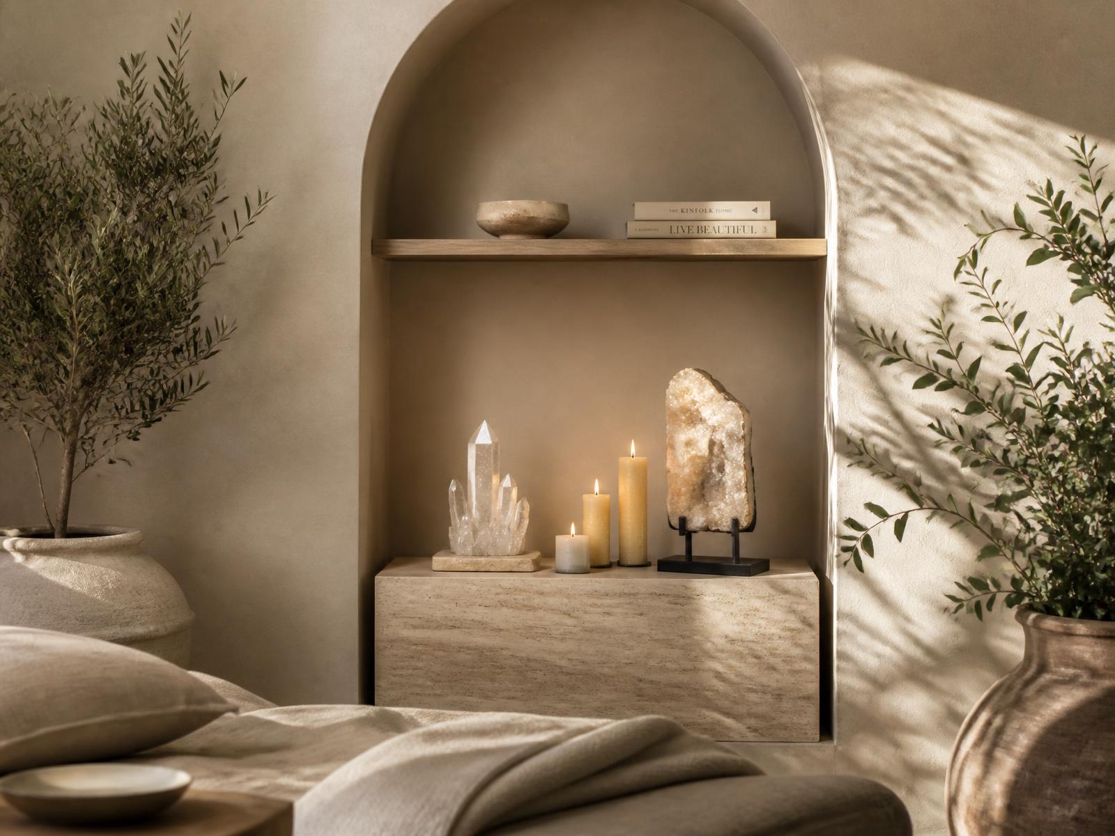 Espacio sereno con arco, plantas, cristales y velas — ALMAXANA33