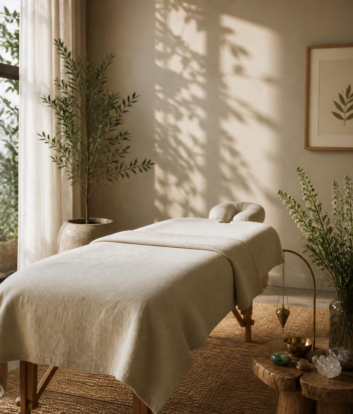Sala de terapia serena con luz natural y plantas