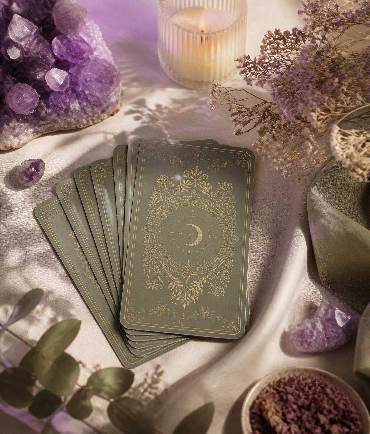 Cartas de tarot sobre lino con amatistas y velas